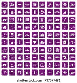 100 wealth icons set in grunge style purple color isolated on white background vector illustration