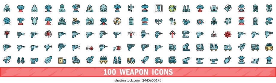 100 weapon icons set. Color line set of weapon vector icons thin line color flat on white