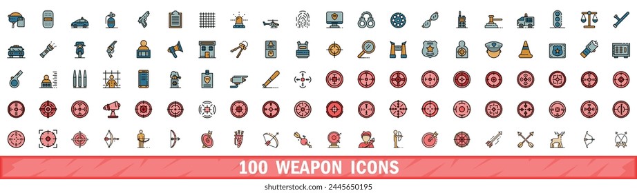 100 iconos de armas. Conjunto de línea de color de iconos vectoriales de armas de línea fina de color plana en blanco