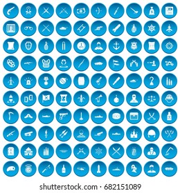 100 weapons icons set in blue circle isolated on white vector illustration