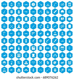100 weapons icons set in blue hexagon isolated vector illustration