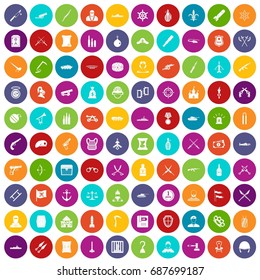 100 weapons icons set in different colors circle isolated vector illustration