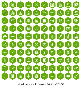 100 weapons icons set in green hexagon isolated vector illustration