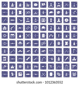 100 weapons icons set in grunge style sapphire color isolated on white background vector illustration