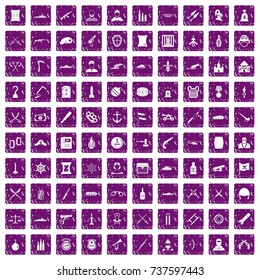 100 weapons icons set in grunge style purple color isolated on white background vector illustration
