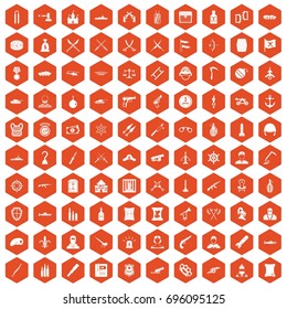 100 weapons icons set in orange hexagon isolated vector illustration
