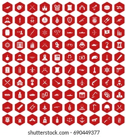 100 weapons icons set in red hexagon isolated vector illustration