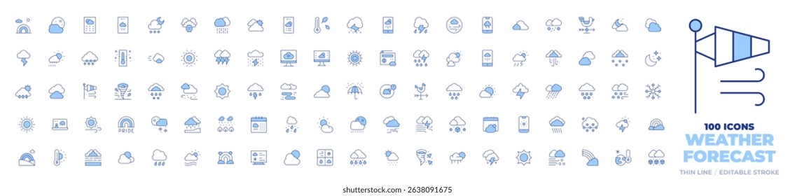 100 Weather forecast Icons Collection. Line Duotone style, editable stroke. rainbow, thermometer, weather, snow, fog, sleet, cloudy, rainy night, rain, cold, hail, storm, clouds