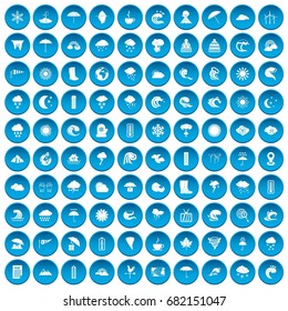 100 weather icons set in blue circle isolated on white vector illustration