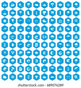 100 weather icons set in blue hexagon isolated vector illustration