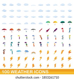 100 weather icons set. Cartoon illustration of 100 weather icons vector set isolated on white background