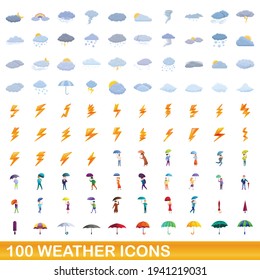 100 weather icons set. Cartoon illustration of 100 weather icons vector set isolated on white background