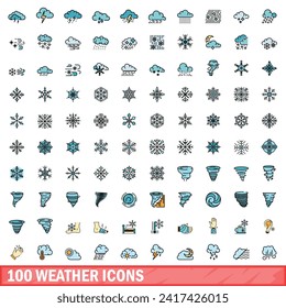 100 weather icons set. Color line set of weather vector icons thin line color flat on white