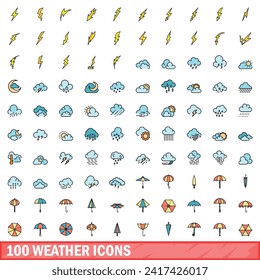 100 iconos del tiempo. Conjunto de líneas de color de iconos vectoriales meteorológicos color de línea delgada plano sobre blanco