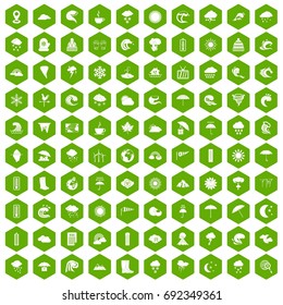 100 weather icons set in green hexagon isolated vector illustration