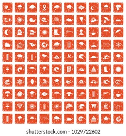 100 weather icons set in grunge style orange color isolated on white background vector illustration