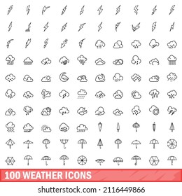 100 weather icons set. Outline illustration of 100 weather icons vector set isolated on white background