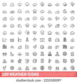 100 weather icons set. Outline illustration of 100 weather icons vector set isolated on white background
