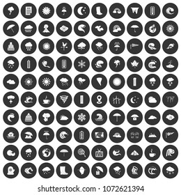 100 weather icons set in simple style white on black circle color isolated on white background vector illustration