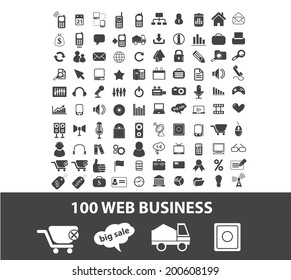 100 web business, bank, finance, money, analytics icons, signs set, vector