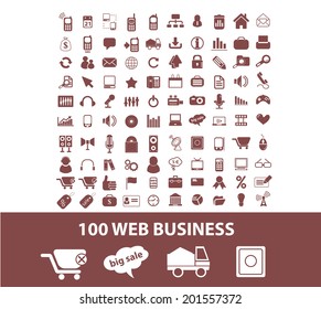 100 web business, e-commerce, retail, internet shop icons, signs set, vector