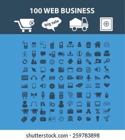 100 web business, internet commerce, shop, logistics icons, signs, illustrations concept design set, vector
