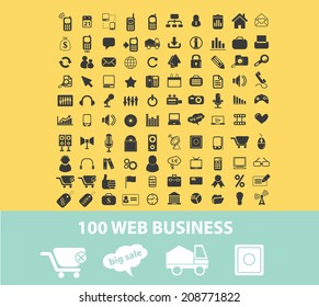 100 web business, internet techology, startup black flat icons, signs, symbols set, vector