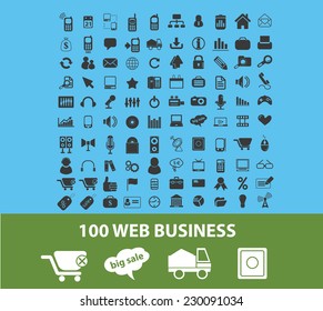 100 web business, logistics, delivery, ecommerce icons, signs, illustrations set, vector
