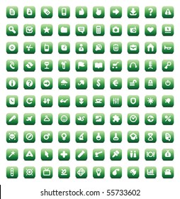 100 web, business, media and leisure icons set. Green vector buttons.