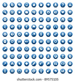 100 web, business, media and leisure icons set. Blue vector buttons.
