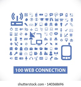 100 web communication, connection icons, signs set, vector