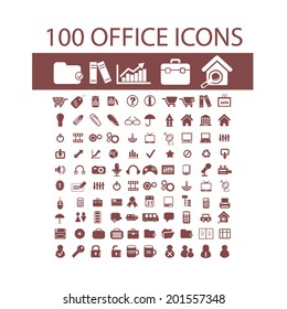 100  web design objects, interface elements, business and office items icons, signs set, vector. Isolated on white background.