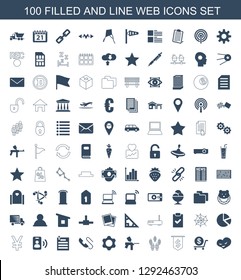 100 web icons. Trendy web icons white background. Included filled and line icons such as heart, dollar, group, paintball, gear, call, paper pin, yuan. web icon for and mobile.