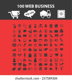 100 web internet business isolated icons, signs, silhouettes, illustrations,  set, vector