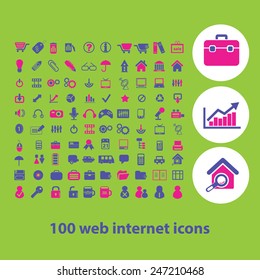 100 Internet web, información, oficina, documento, ecommerce, iconos de presentación, signos, conjunto de ilustraciones, vector