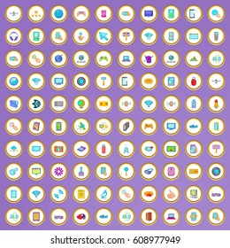 100 web and mobile icons set in cartoon style on purple background vector illustration
