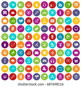 100 web and mobile icons set in different colors circle isolated vector illustration