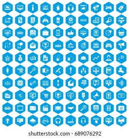100 web and mobile icons set in blue hexagon isolated vector illustration