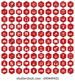 100 web and mobile icons set in red hexagon isolated vector illustration