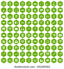 100 web and mobile icons set in green hexagon isolated vector illustration