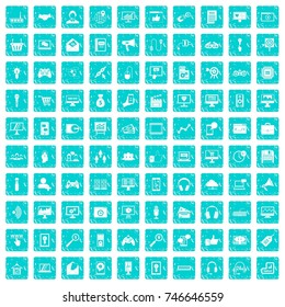 100 web and mobile icons set in grunge style blue color isolated on white background vector illustration