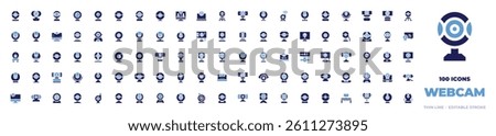 100 Webcam Icons Collection. Bold style. Duotone colors. webcam, observe, web cam, video call, video camera, cloud computing, cam, monitor, desk, camera.