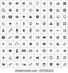 100 webdesign icons, black on square white background 