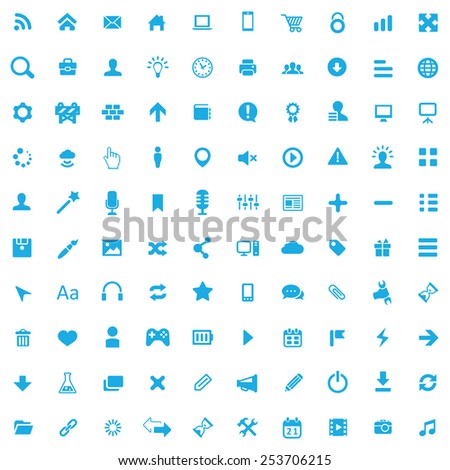 100 webdesign icons, blue on white background 