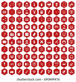 100 webdesign icons set in red hexagon isolated vector illustration