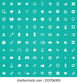 100 webdesign icons, white on green background 