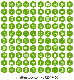 100 website icons set in green hexagon isolated vector illustration