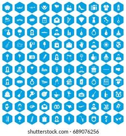 100 wedding icons set in blue hexagon isolated vector illustration