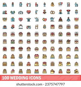 100 wedding icons set. Color line set of wedding vector icons thin line color flat on white