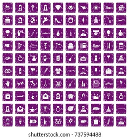 100 wedding icons set in grunge style purple color isolated on white background vector illustration